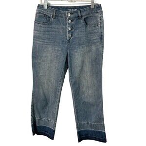 Chico's Women's Wide Leg Crop Jeans Size 6 Button Fly Denim Released Raw Hem
